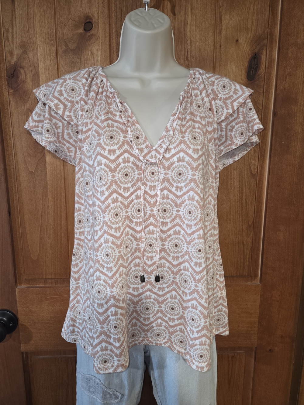 Tribal Pink and White Geometric V-Neck Flutter Sleeve Top